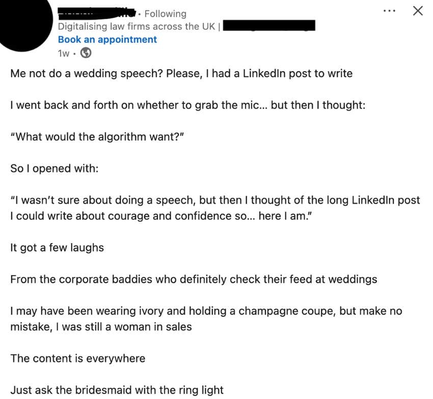 bride's LinkedIn post