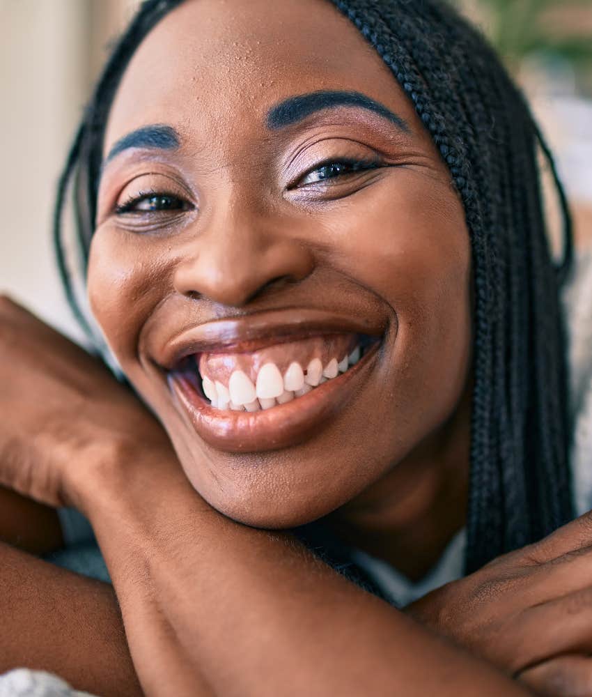 Happy person uses positive self talk