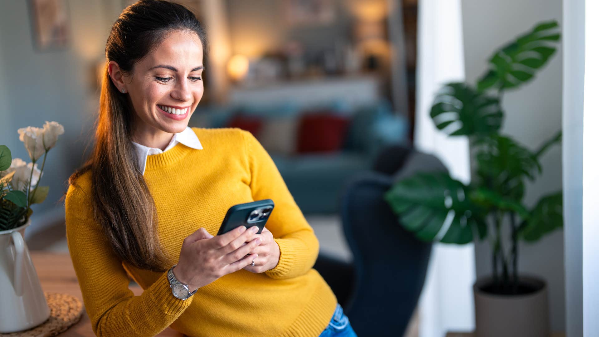 happy woman saying no to taking out a loan