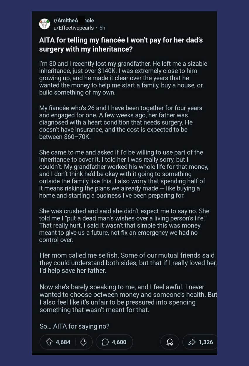 man refuses use inheritance fiancees dads surgery reddit post