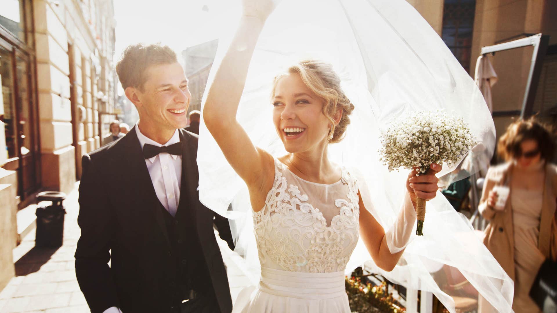 man and woman getting married and celebrating as they're at different life stages