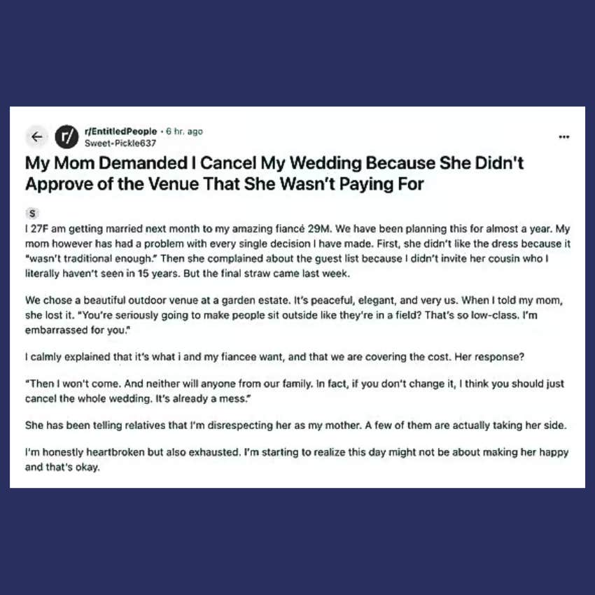 Reddit post about mother telling daughter to cancel her wedding