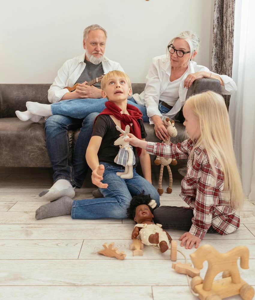 grandparents having a party with their older grandchildren