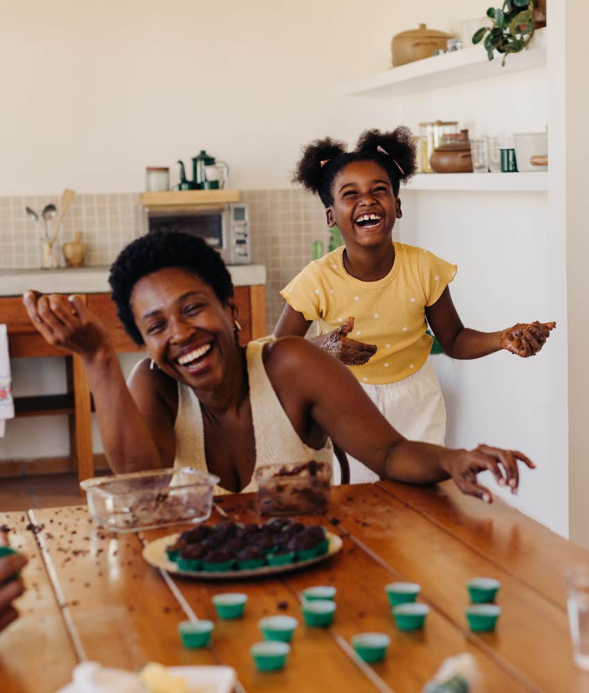 Mom and daughter cook together.
