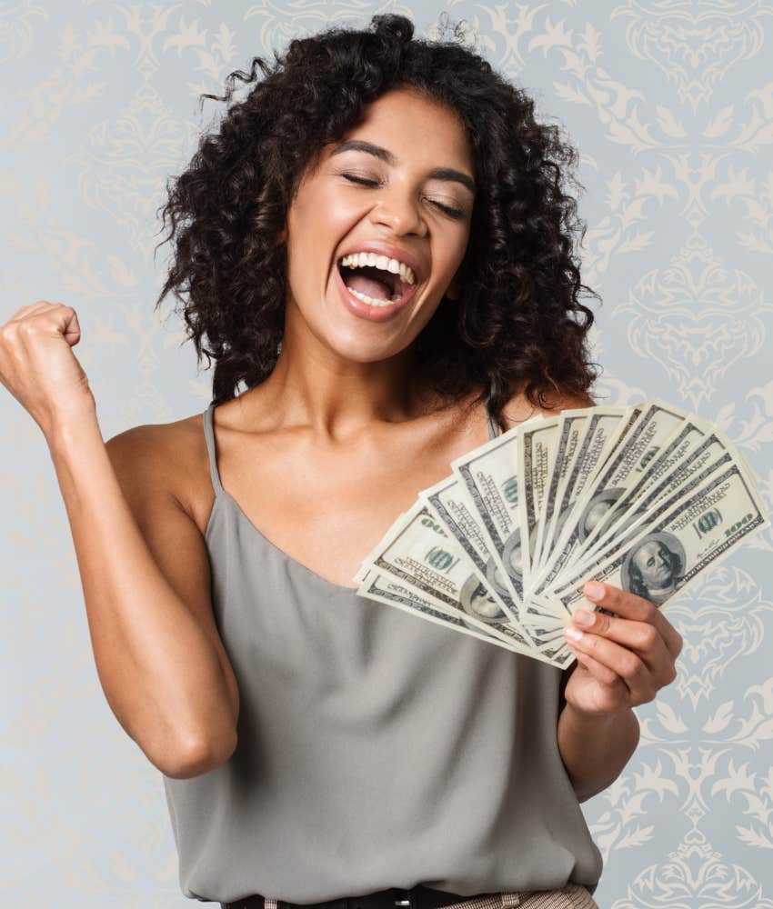 Woman doing money mantra manifestation ritual to invite abundance love and positivity