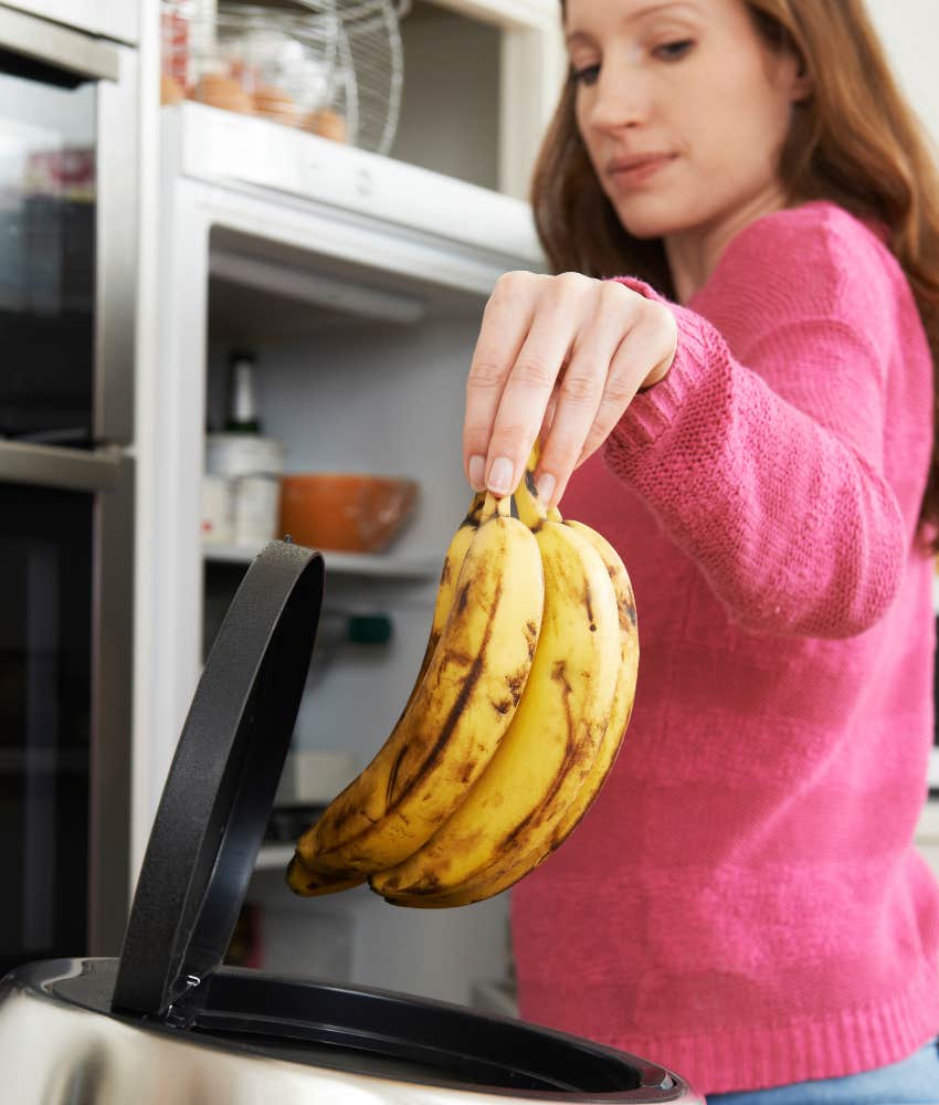woman throwing away food waste money habits pretend normal not