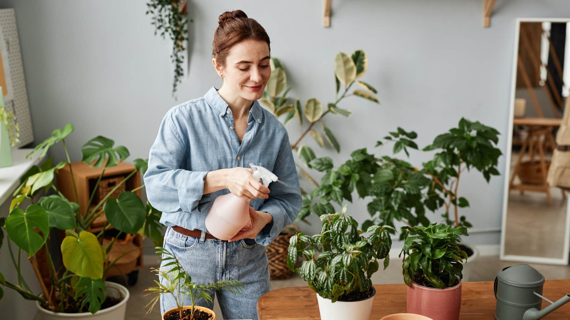 woman in blue shirt watering a ton of plants
