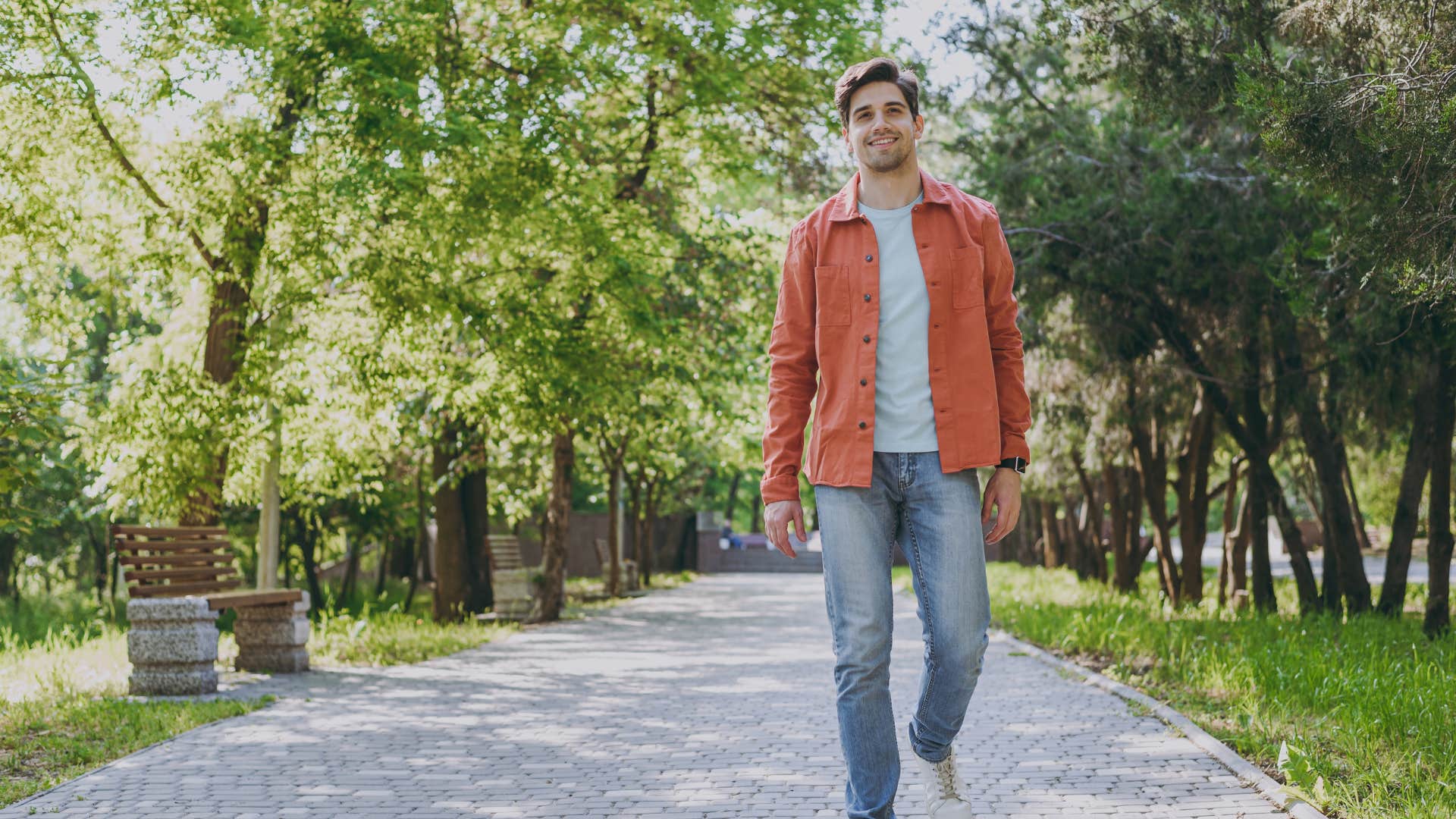 man who looks more youthful than peers walking after eating