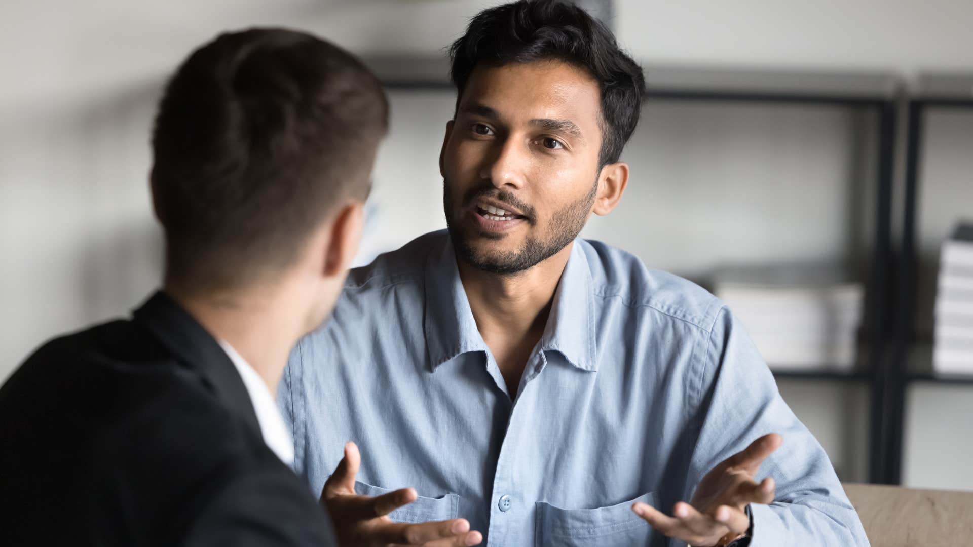 professional man saying I don't compromise my morals at work to his colleague