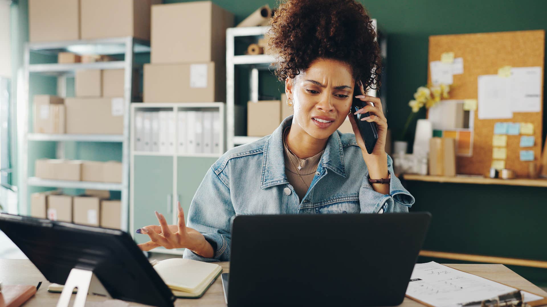 stressed lazy worker pretending she wants to get her work right