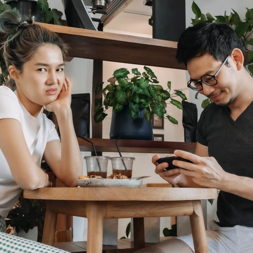 upset woman with man who doesn't have any respect for her saying i don't have any male friends