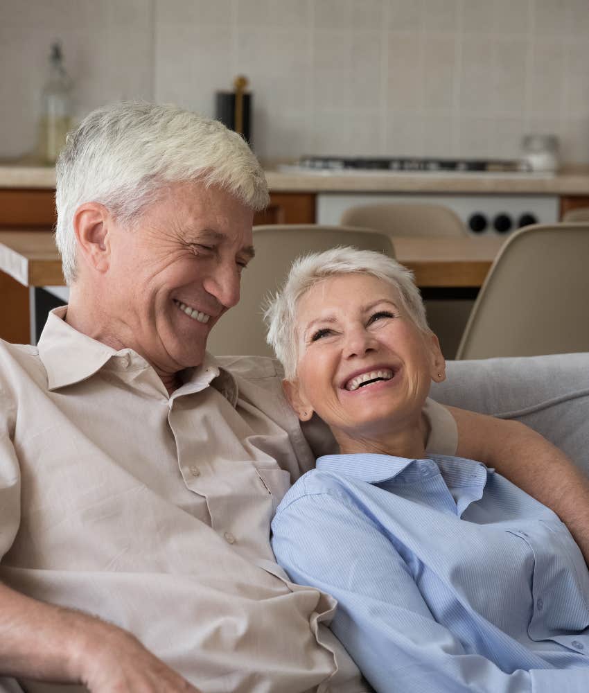 Smart husband touches happy wife