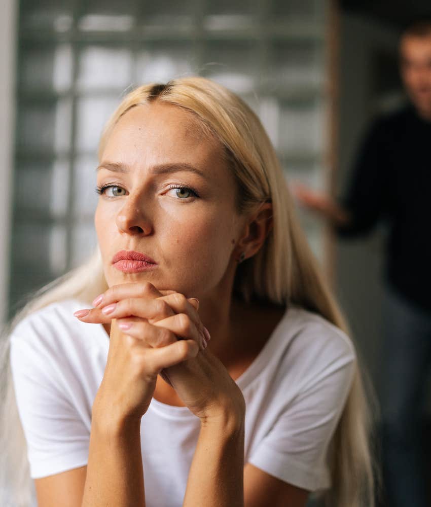 woman listens to her husband