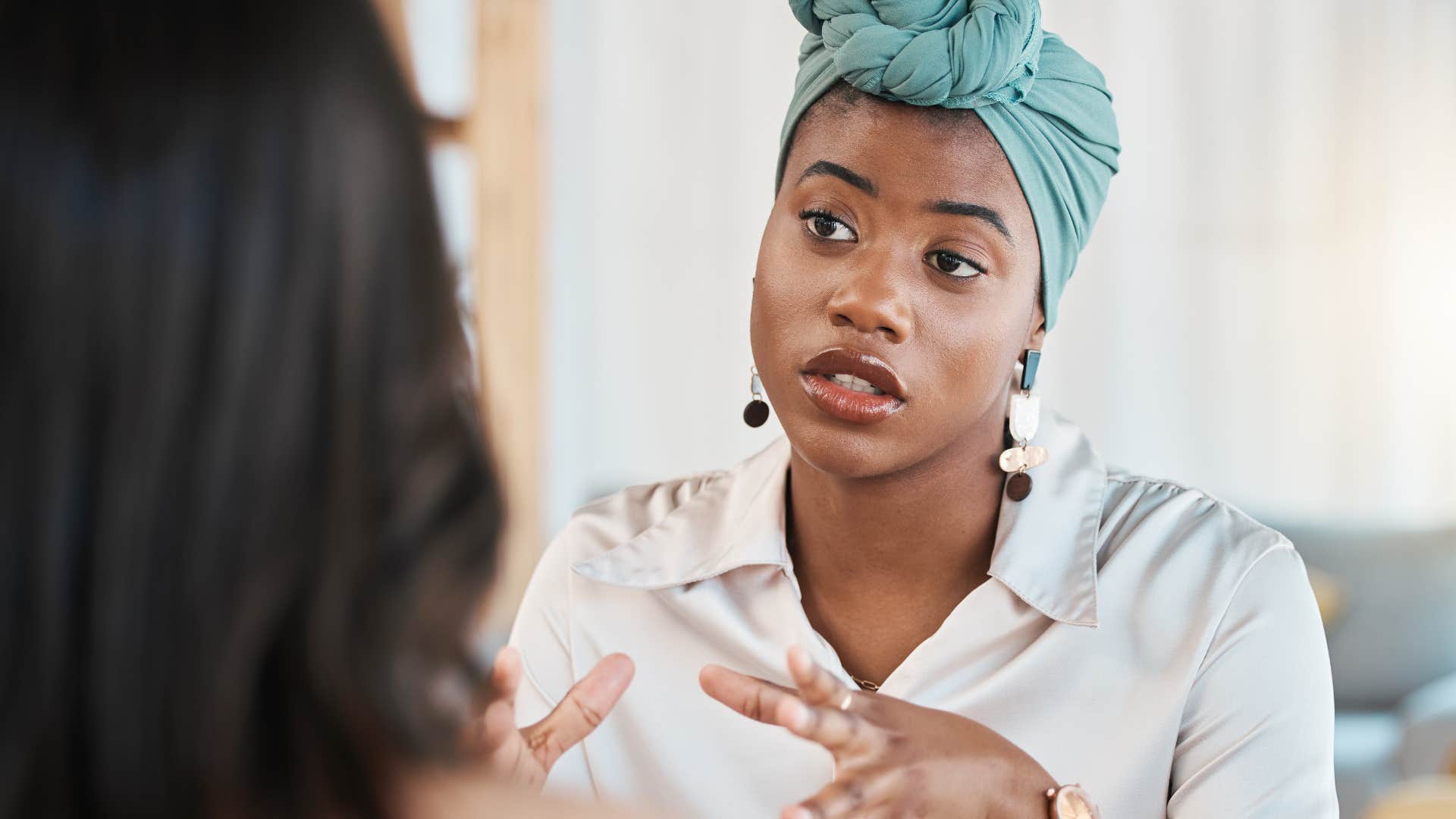 Woman who dominates the conversation at work.
