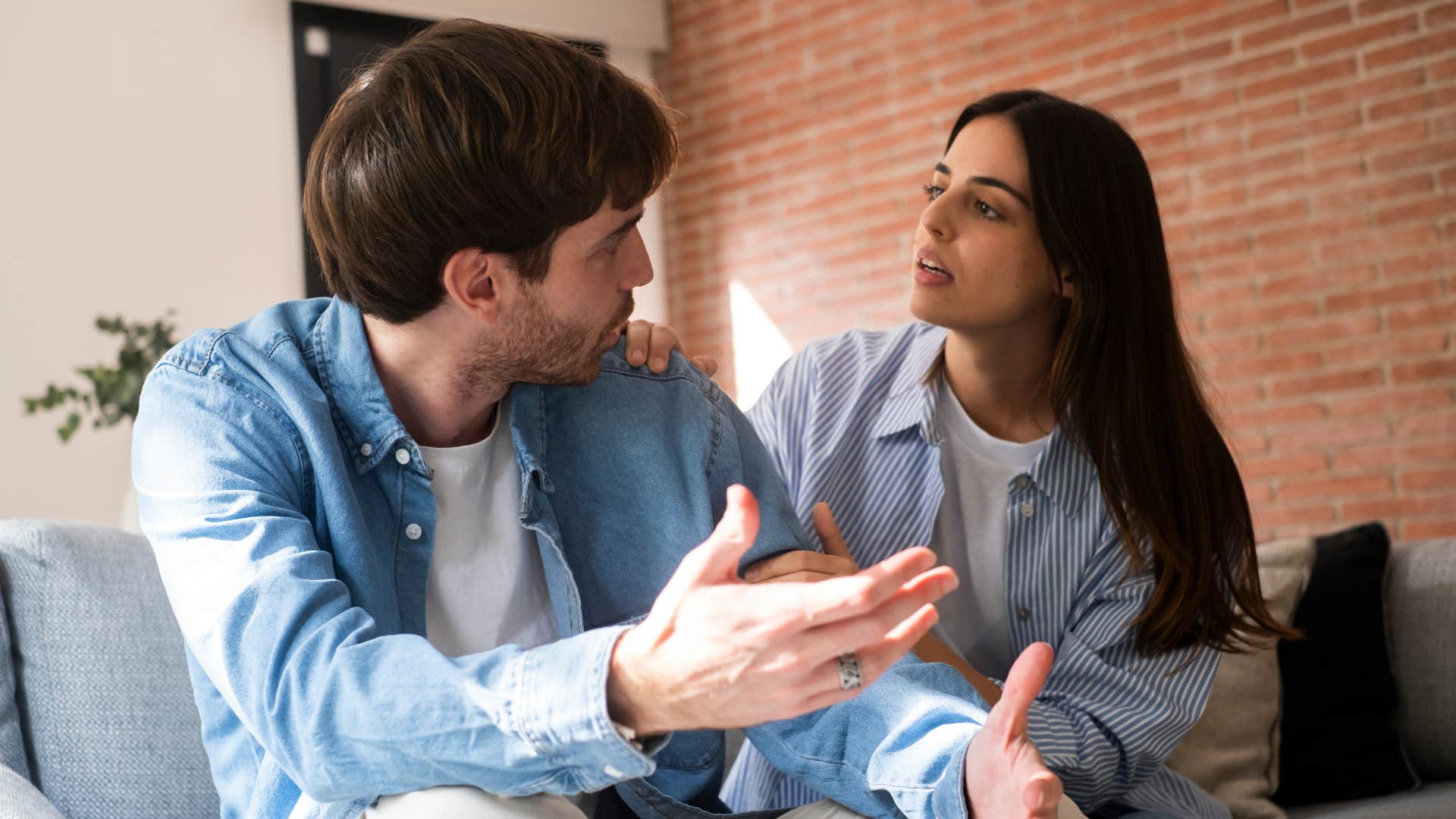 man looking annoyed at woman thinking do you even hear yourself right now