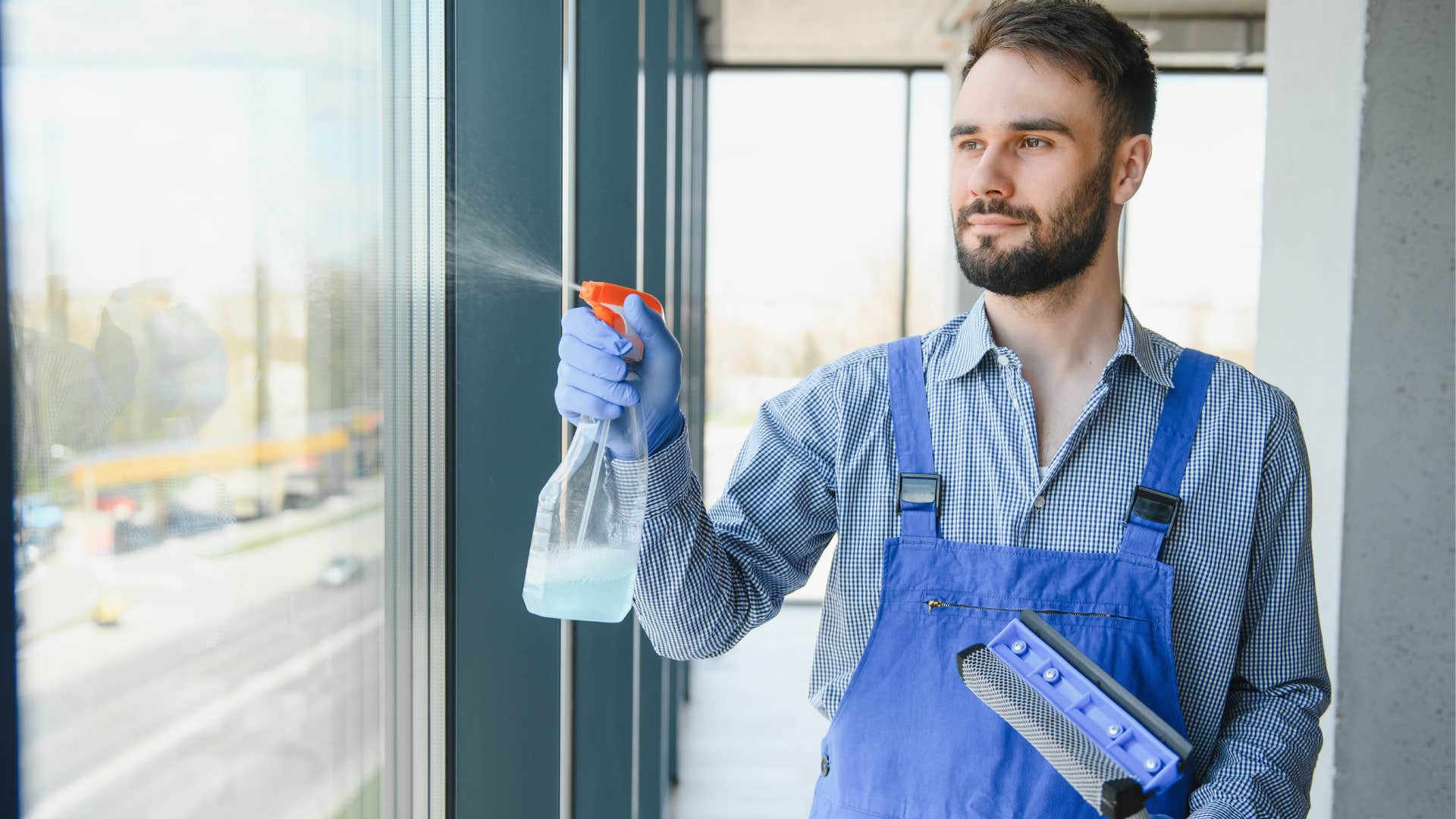 man hired to clean rich persons home cleaning windows