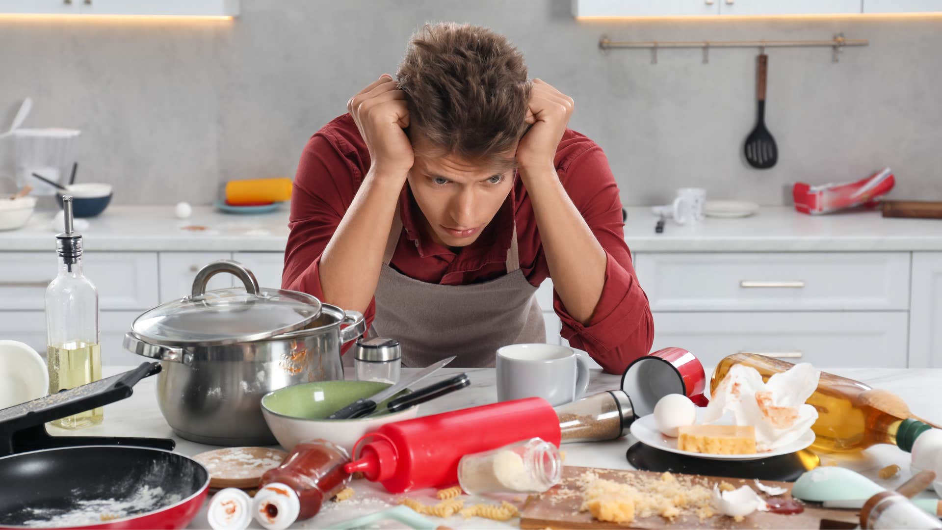 a man avoided responsibility by not cleaning his kitchen and now the mess has piled up