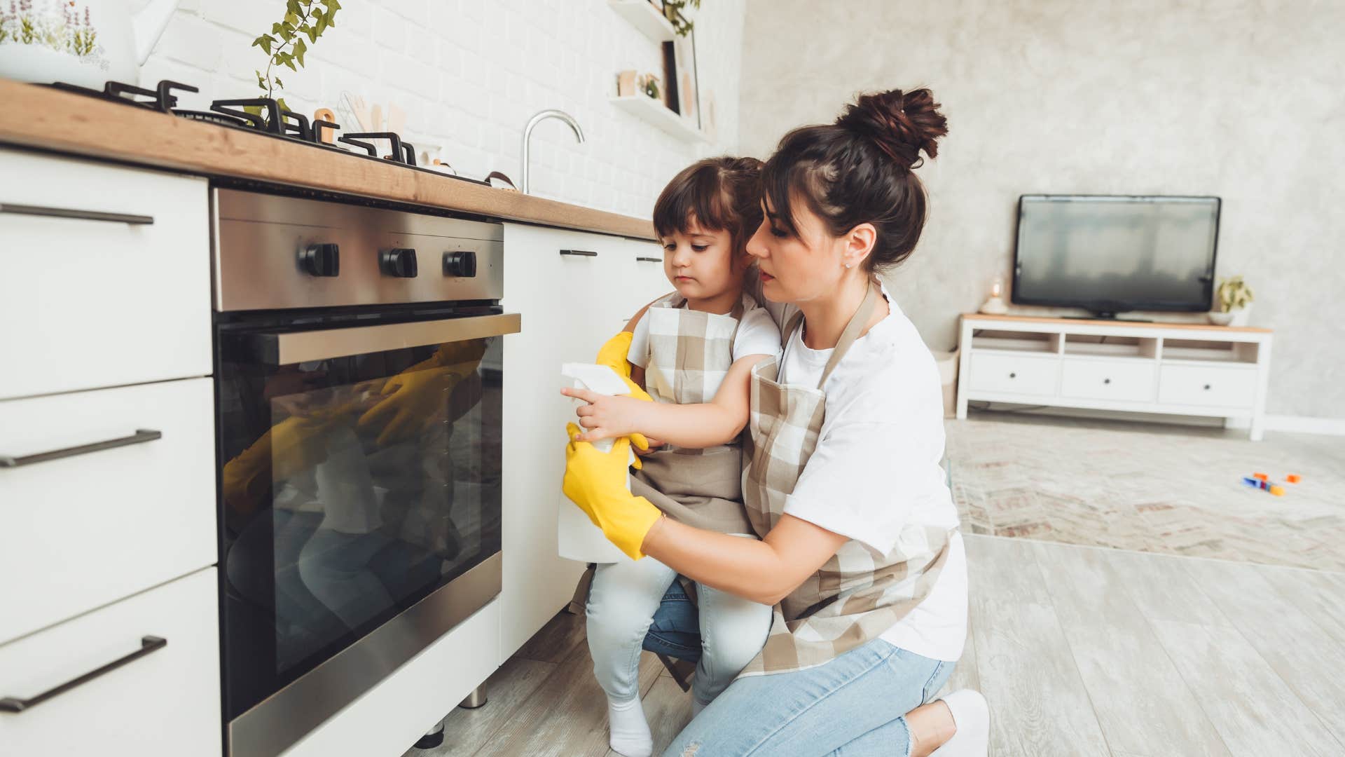 mom and kid cleaning their new appliance