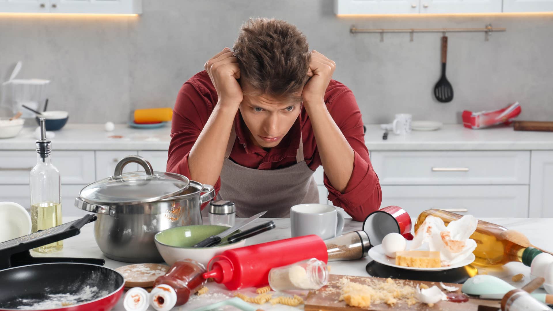 a man is tired of his messy and unreliable roommates making a mess in their kitchen