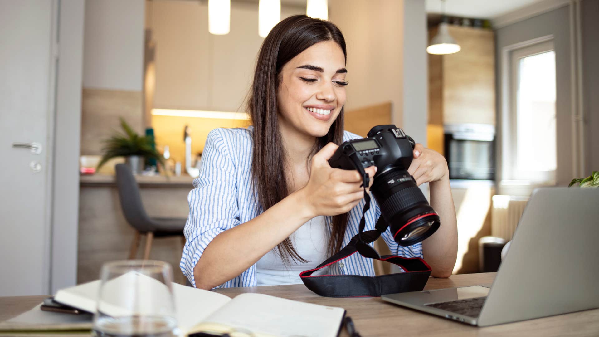 woman who's not going to college smiling at professional camera