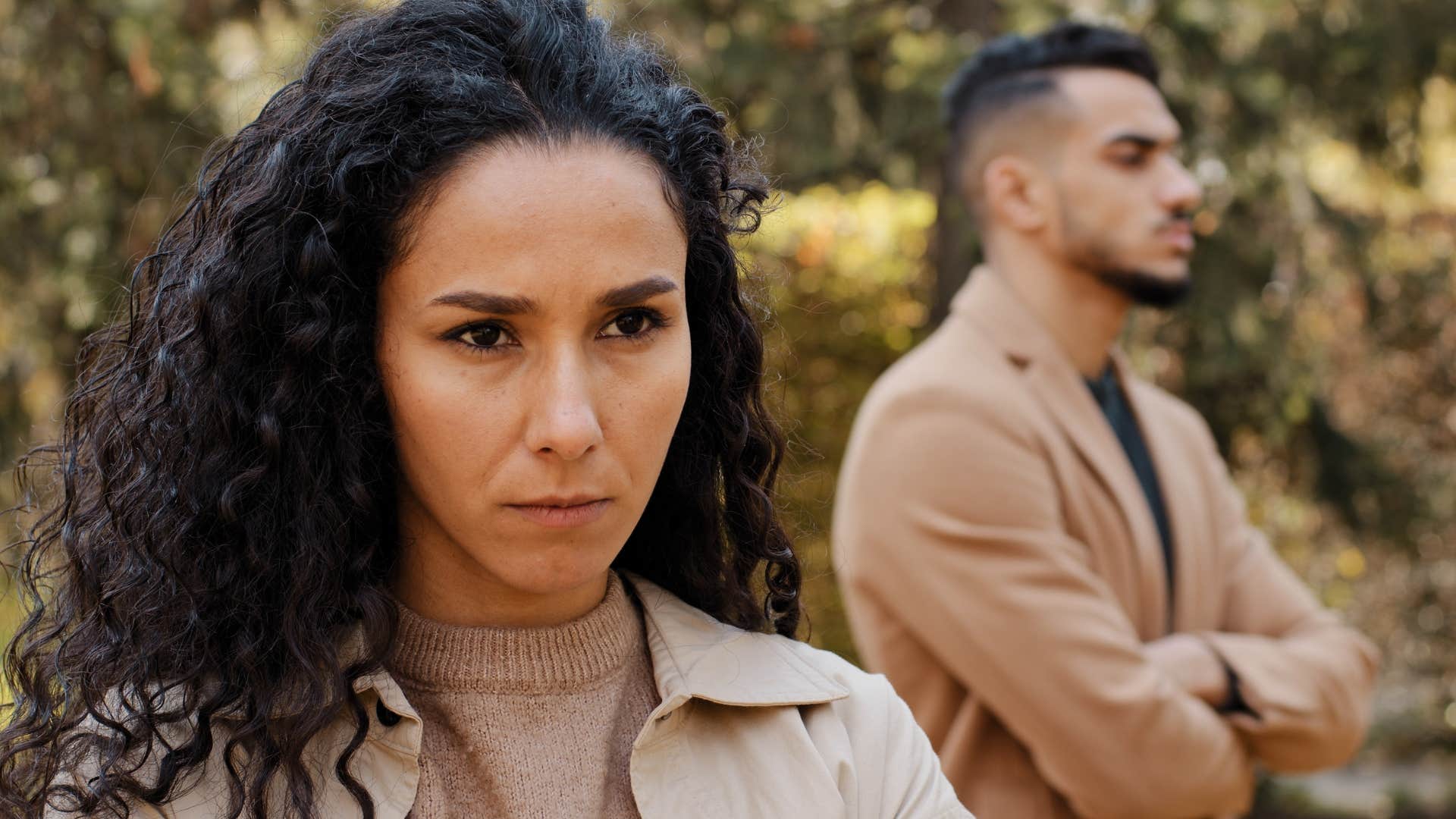 Woman who blames everyone else turned away from her partner.