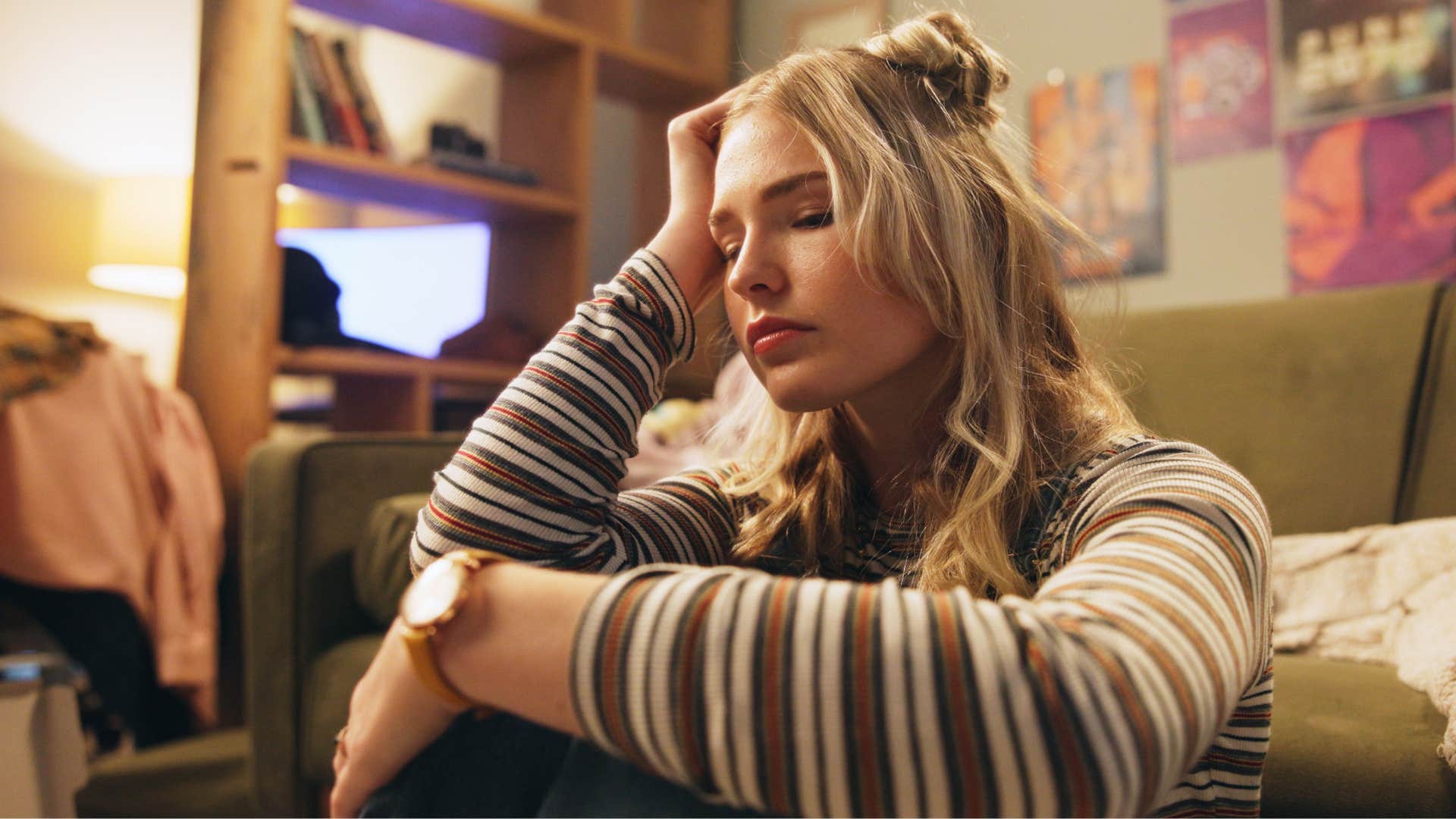Upset woman thinking about people who waste opportunities.