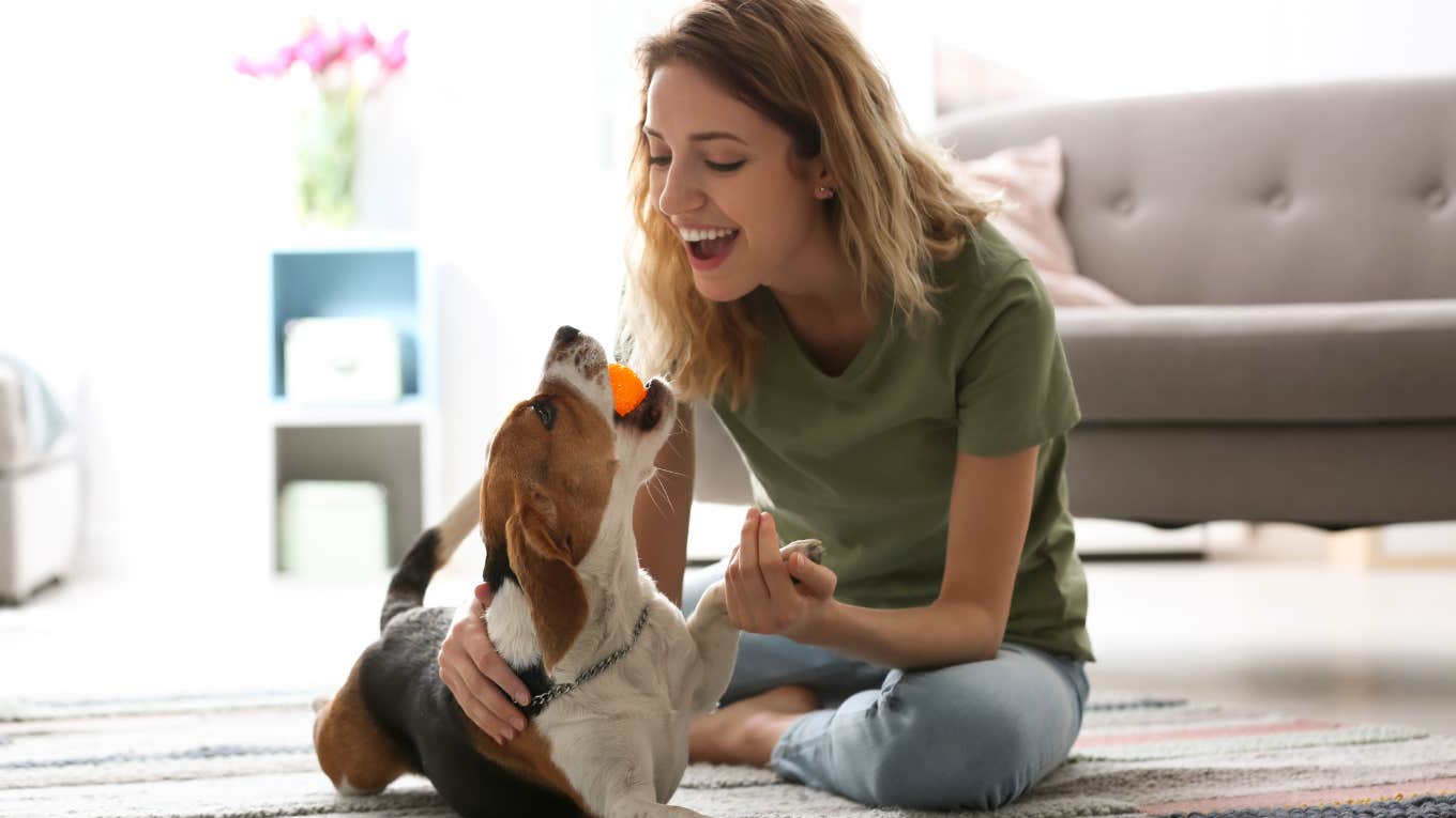 woman and her dog playing with pet toy