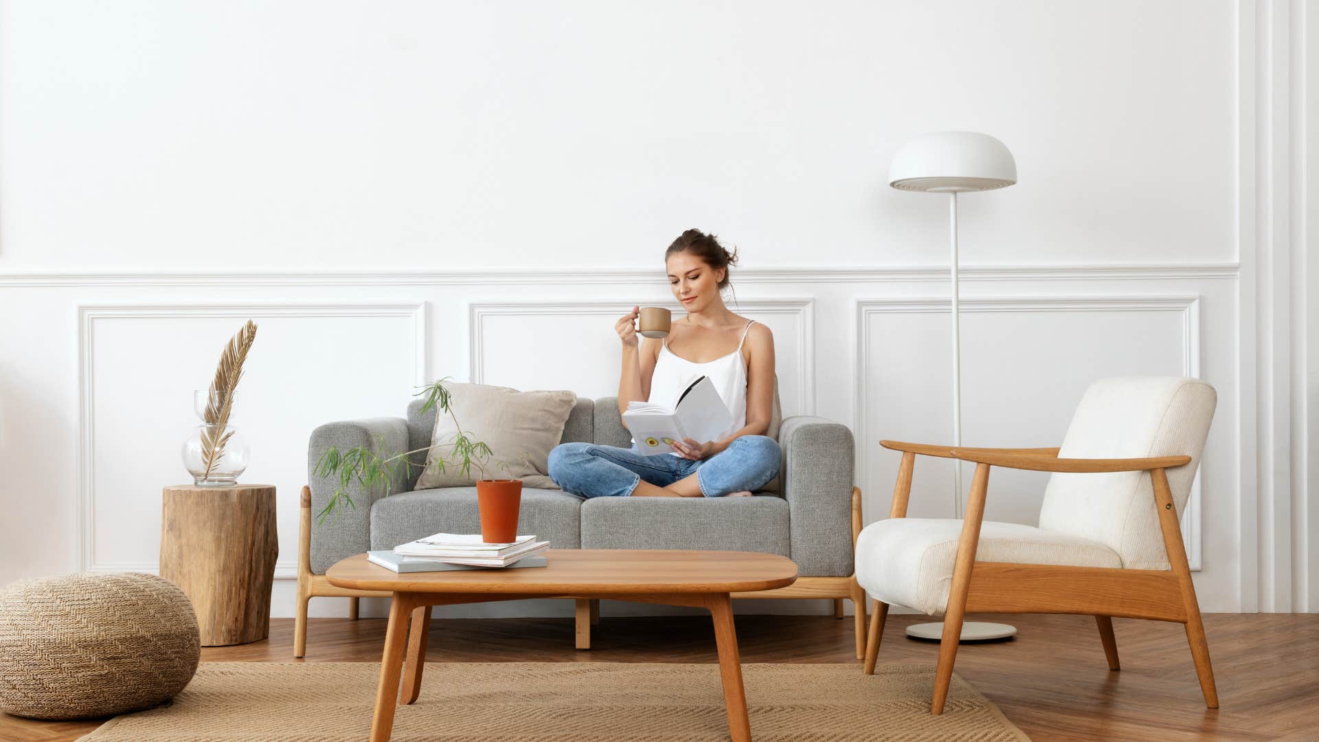 woman sitting on couch in living room
