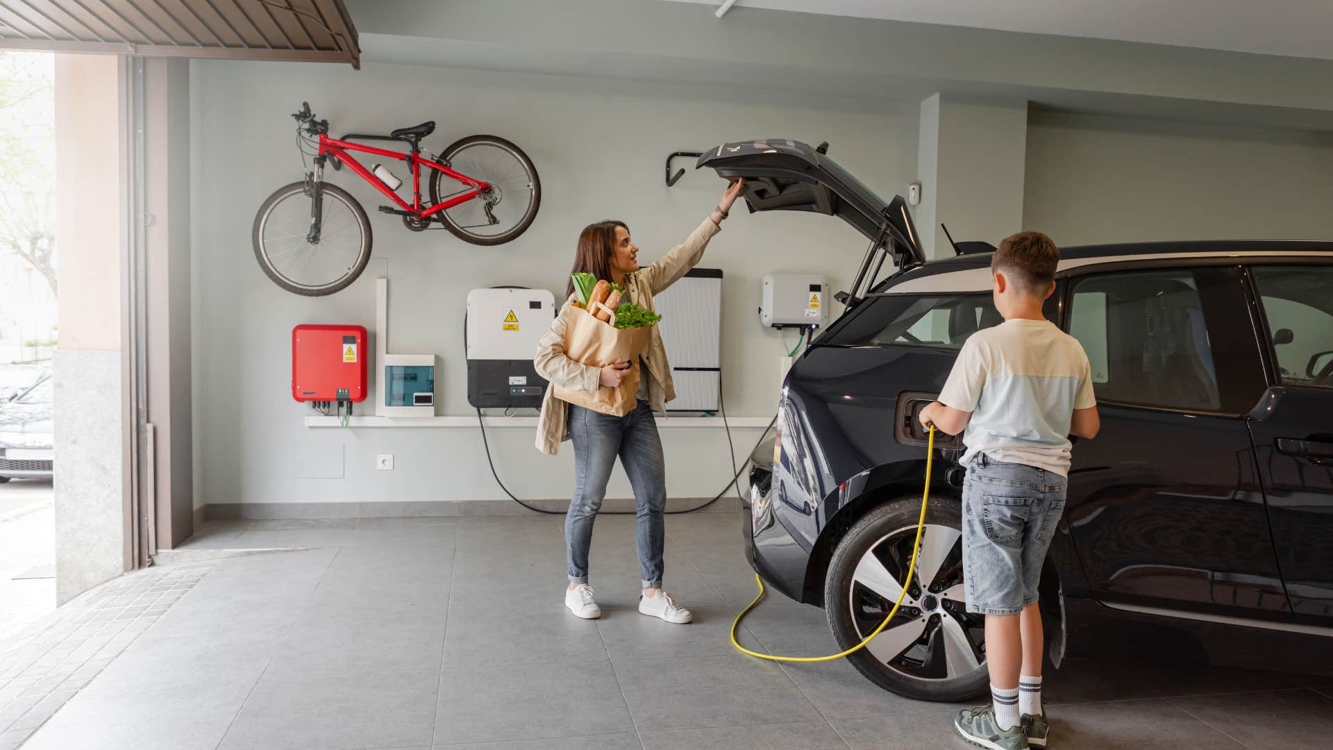 mom and son in their garage at home