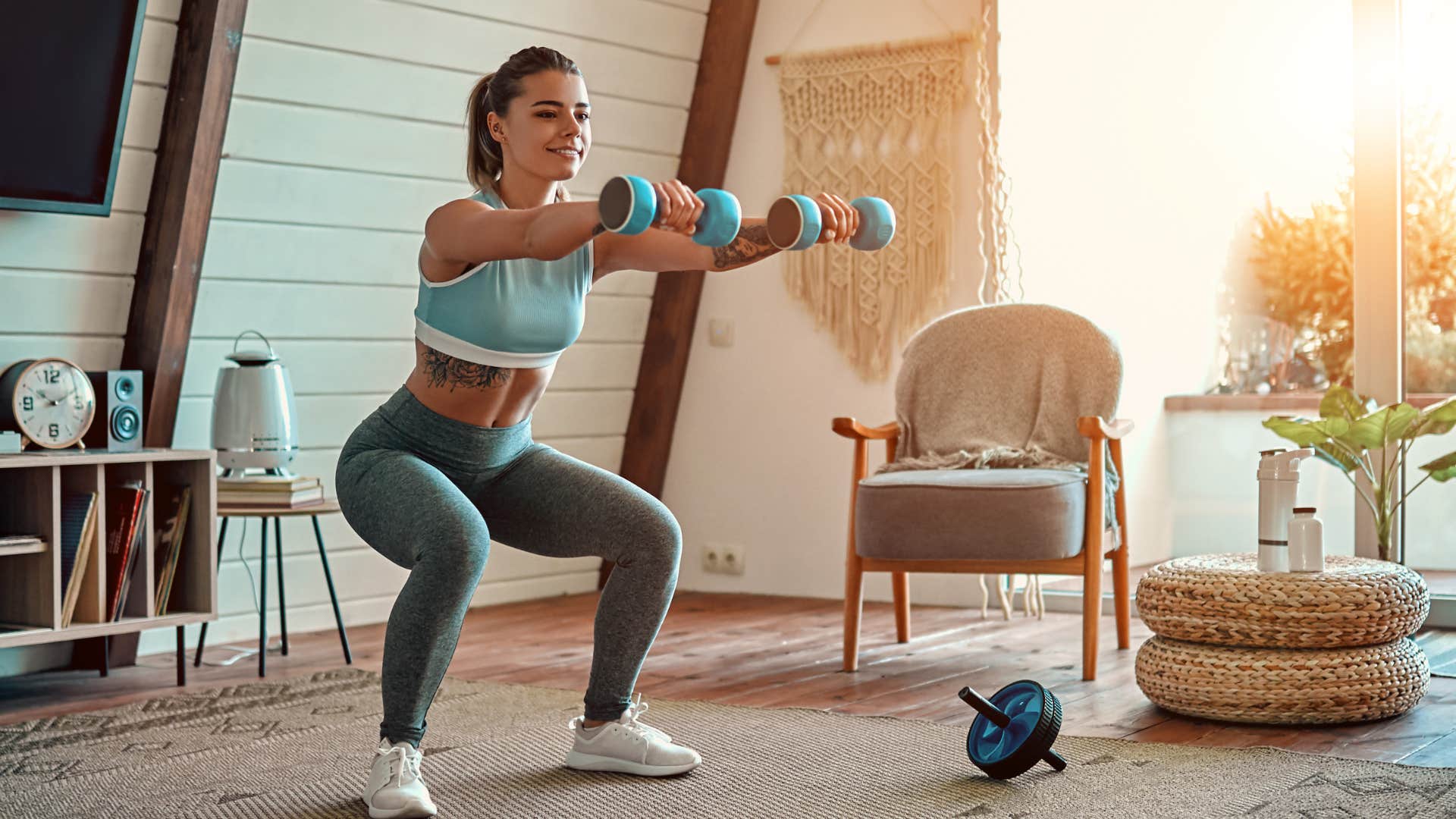 upper middle class woman working out at home