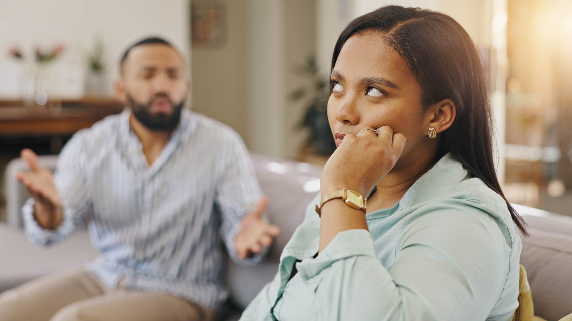 dramatic woman turned away from partner