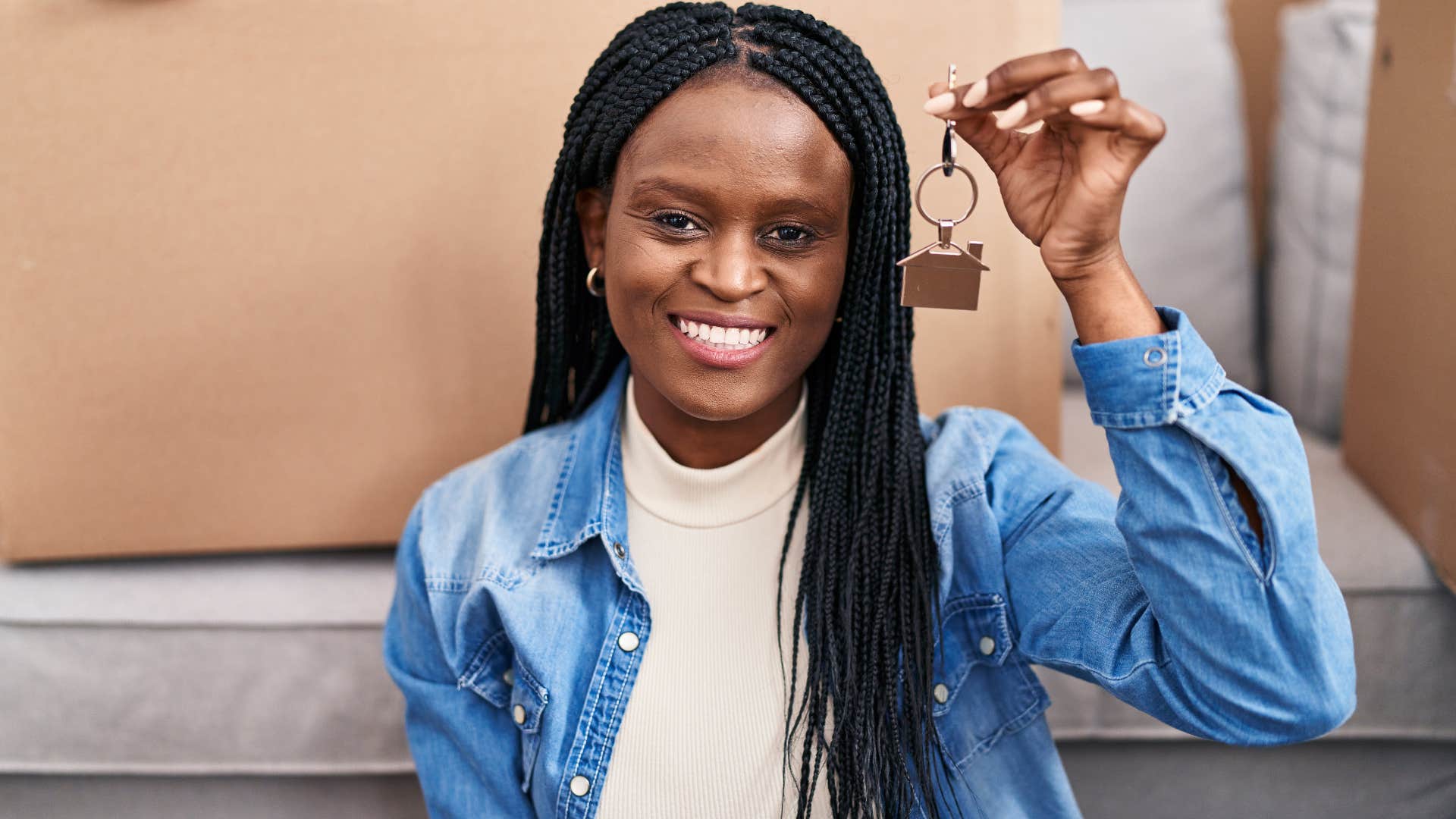 working class woman smiling with keys to her new house