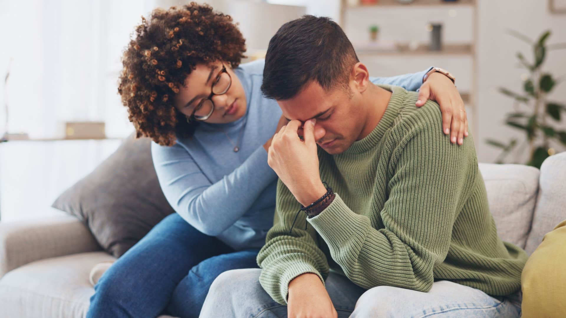 a young woman comforts her brother who is distancing himself after being too empathetic