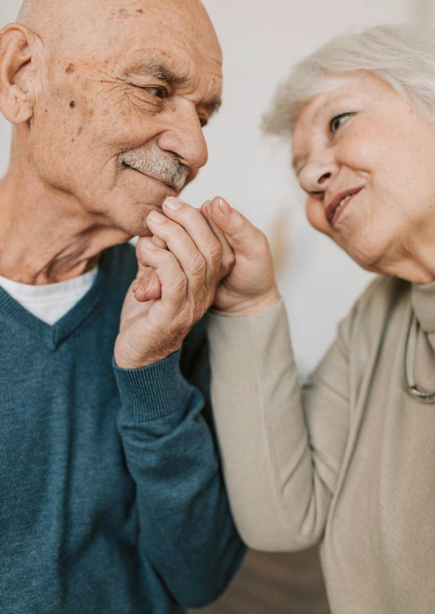 elderly man holding his wife's hand grandpa records every date grandma