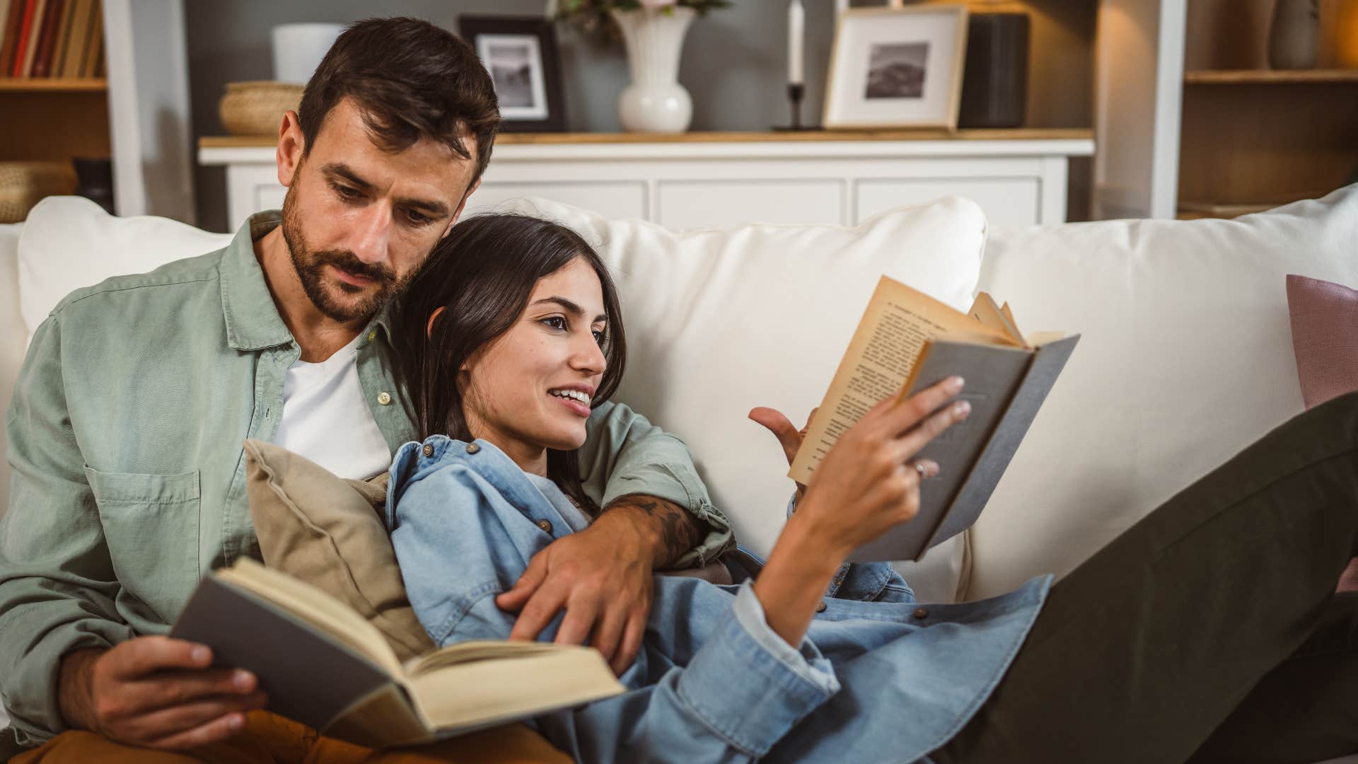 a couple read books before bed like they did when they were younger