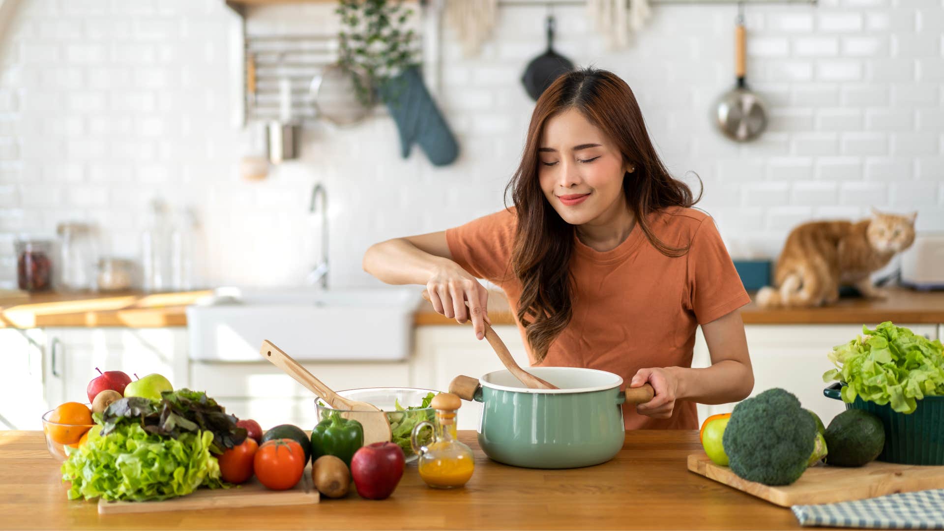 woman making a homecooked meal reminded of her childhood