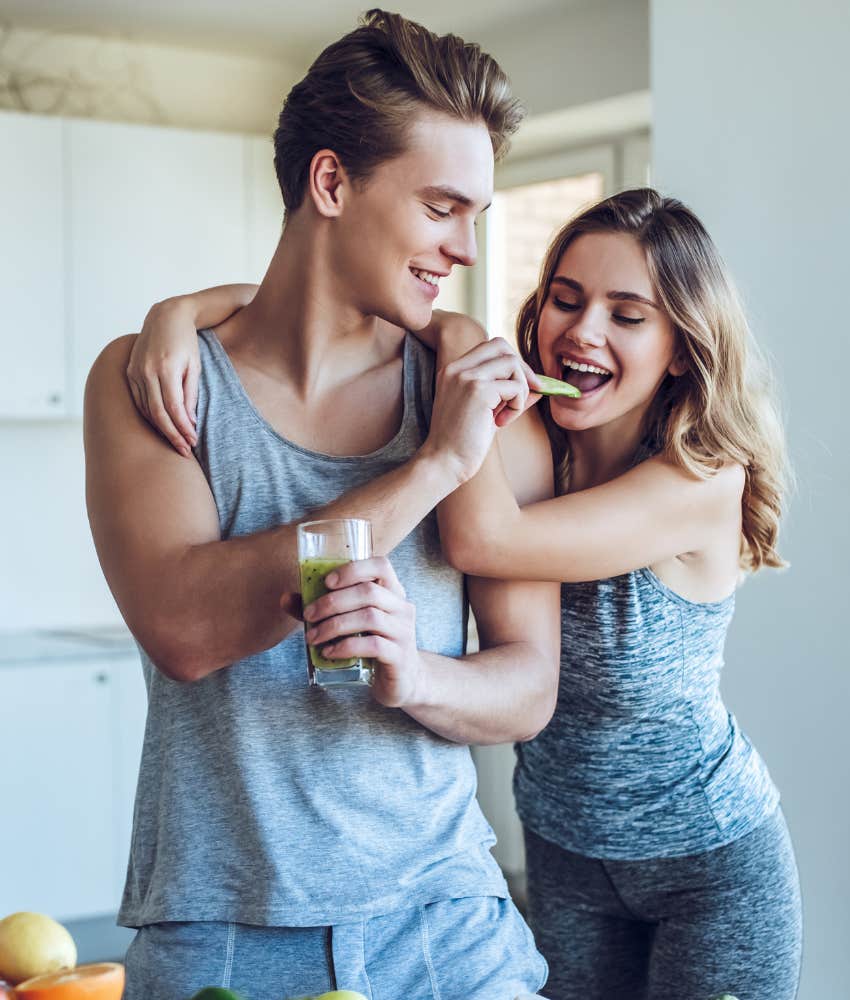 Couple eating together.