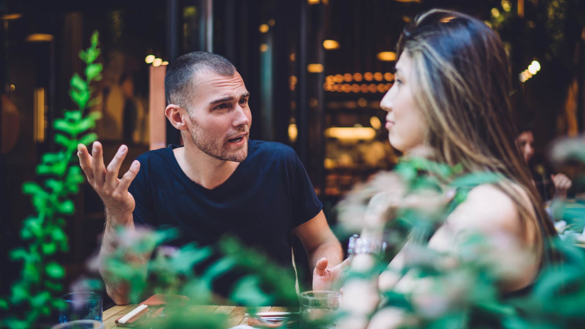 Man saying "I didn't realize that was you" to a woman.