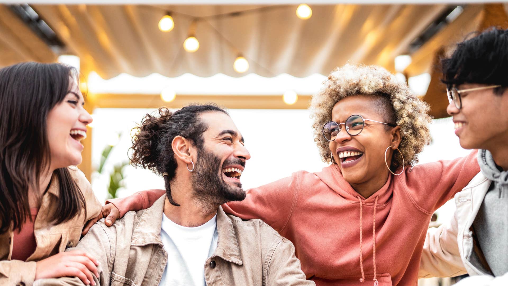 Happy person copes with friends