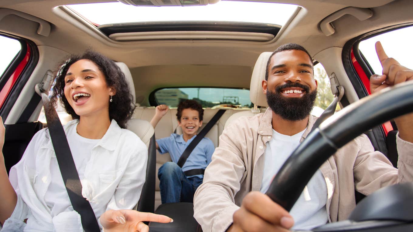 dad refuses to let his kids change the song in the car to make them get comfortable with being uncomfortable. Family listening to music in the car.