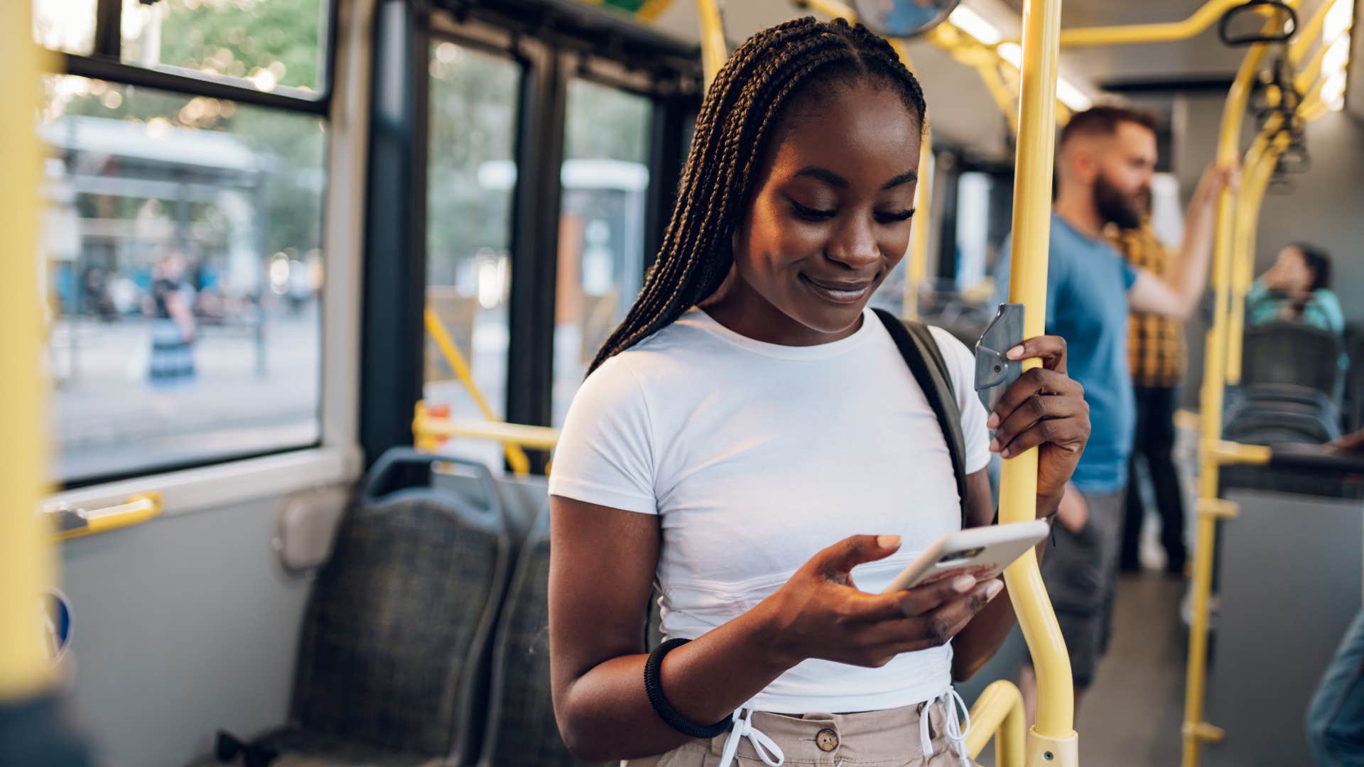 frugal woman riding the public bus