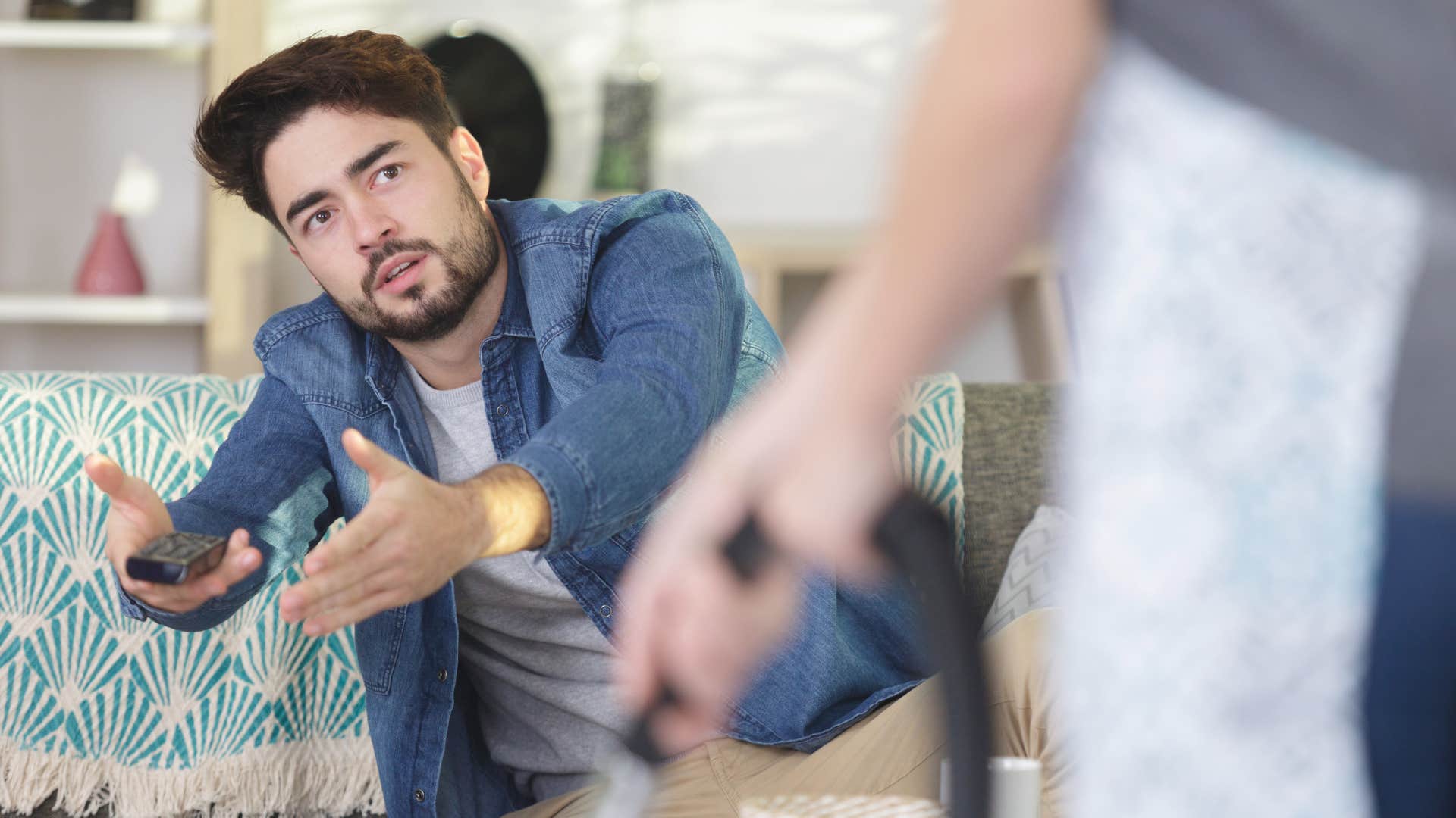a couples values clash when a man wants to watch television but his girlfriend wants them to clean the house