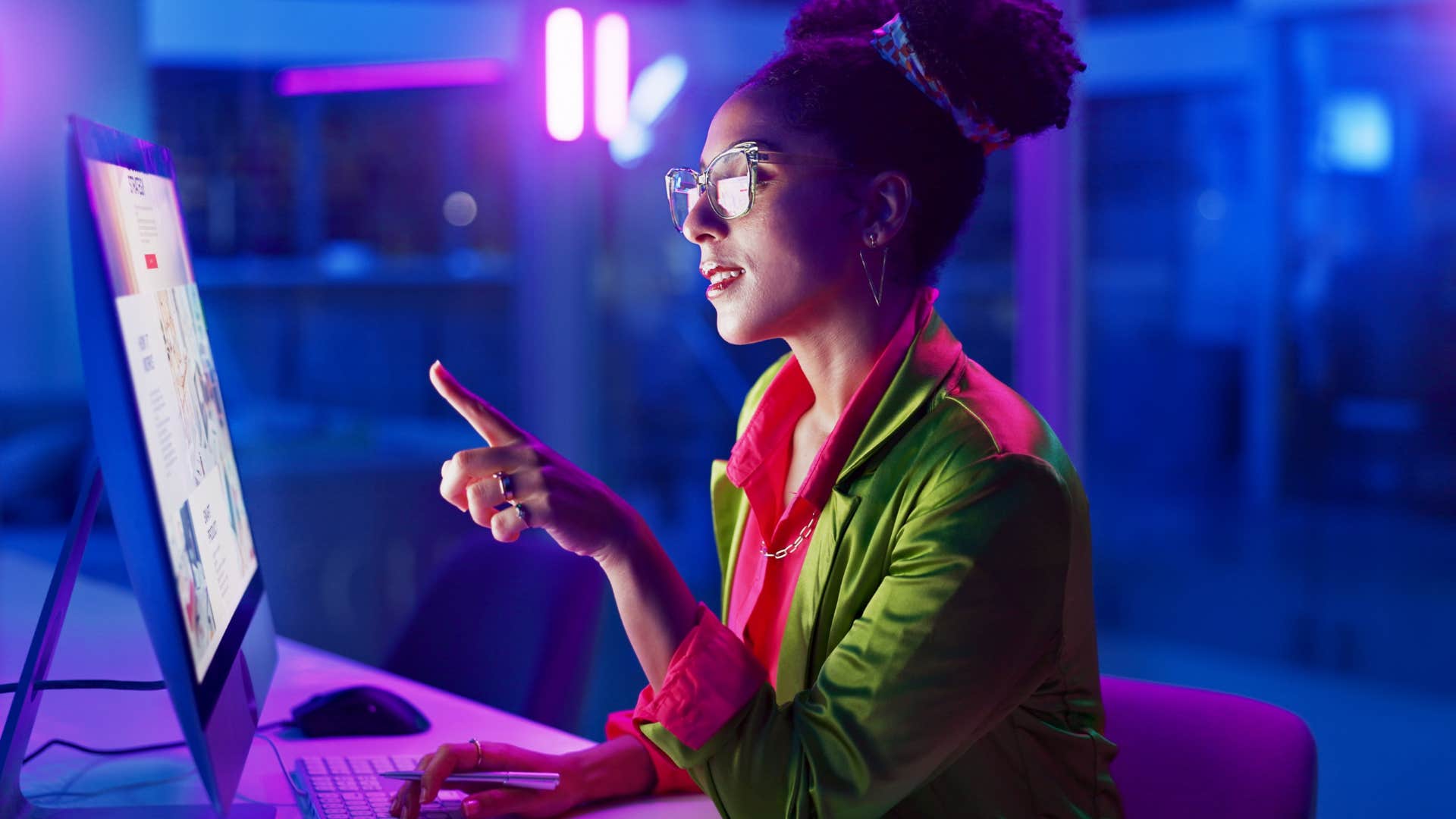 Woman with creativity working late at night.