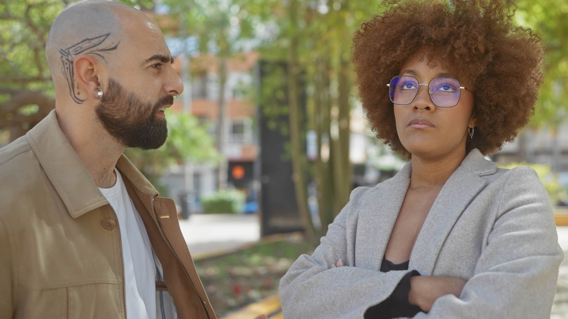 man saying just be normal to his annoyed wife
