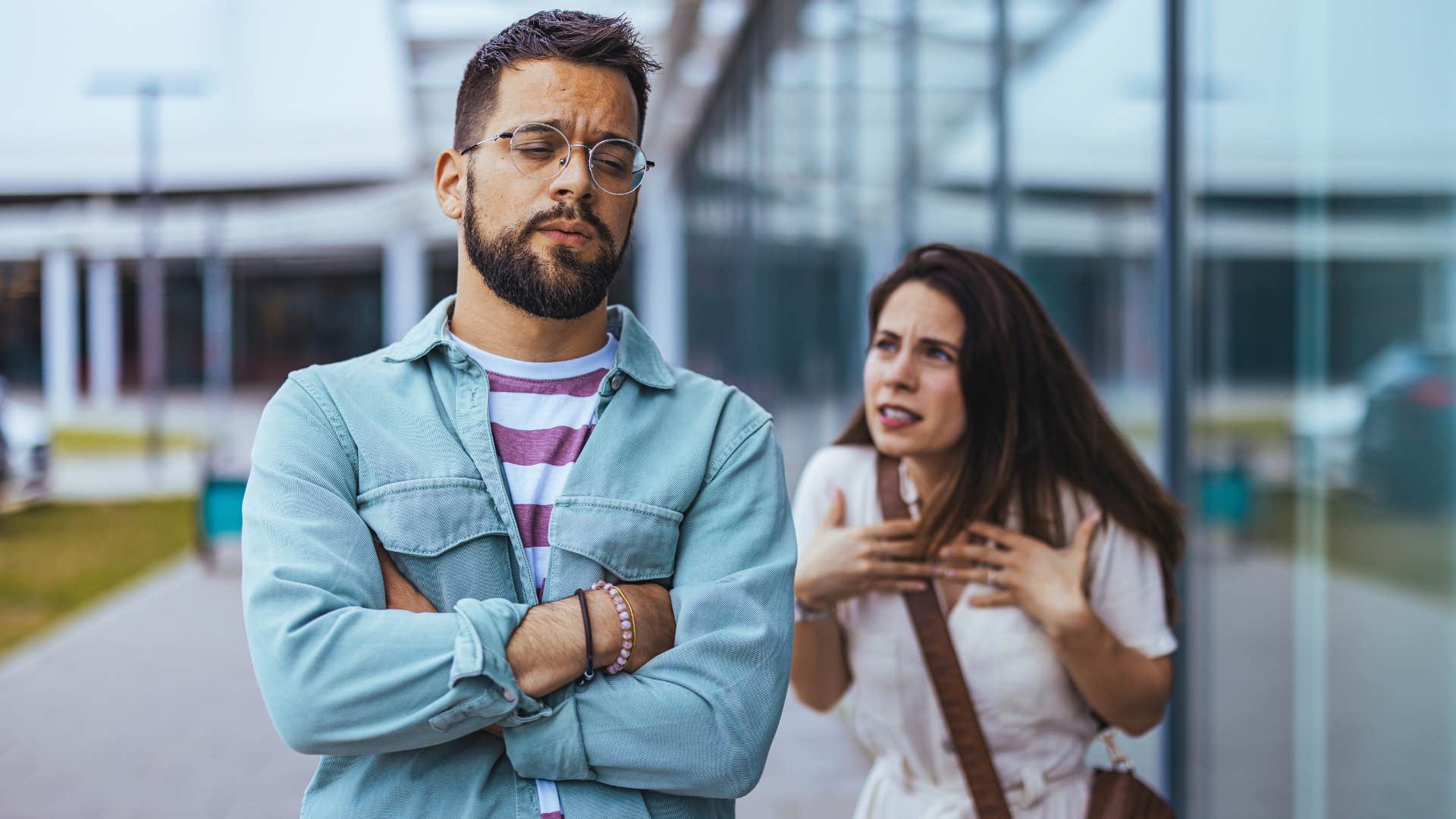 man saying she's always like this in front of his angry wife