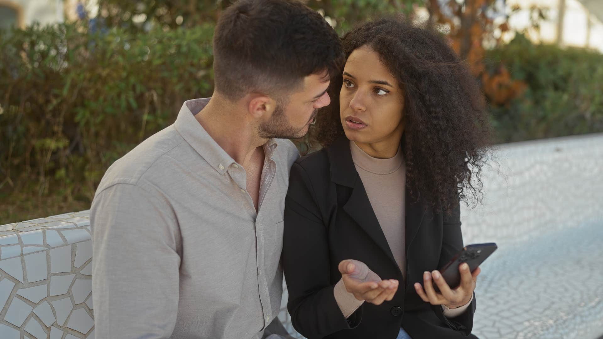 man telling upset wife you're making a scene