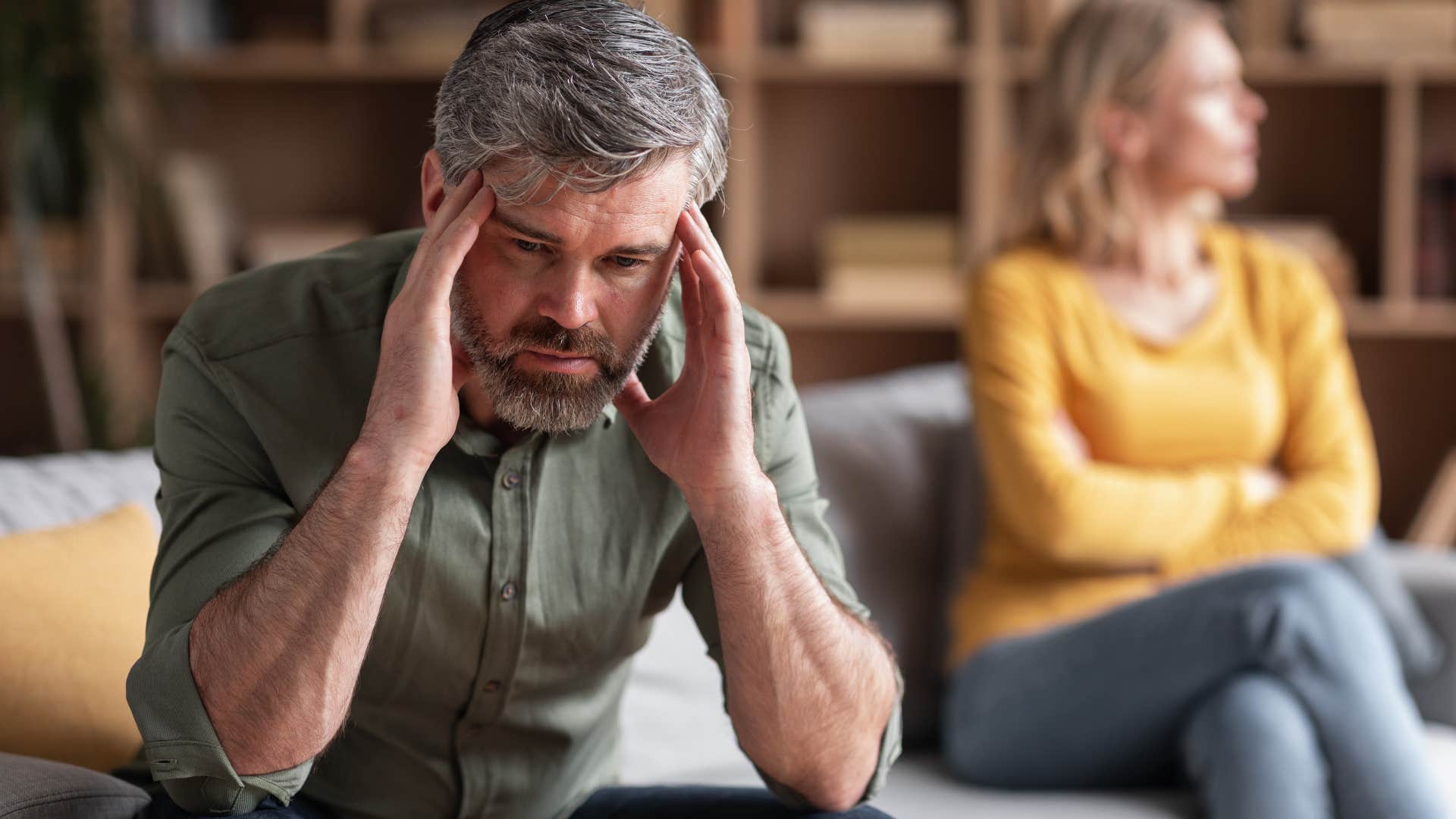 Man saying "we don't have to talk about everything" to his wife.