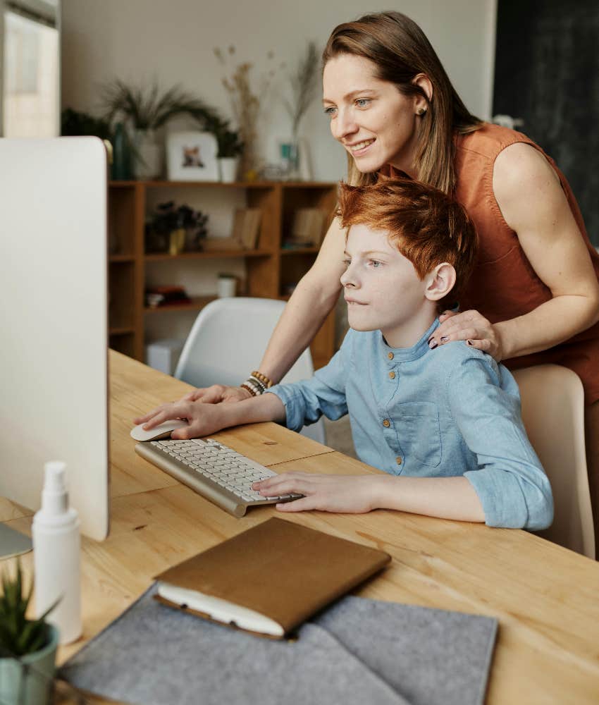 mom helping her son with his online tutoring sessions