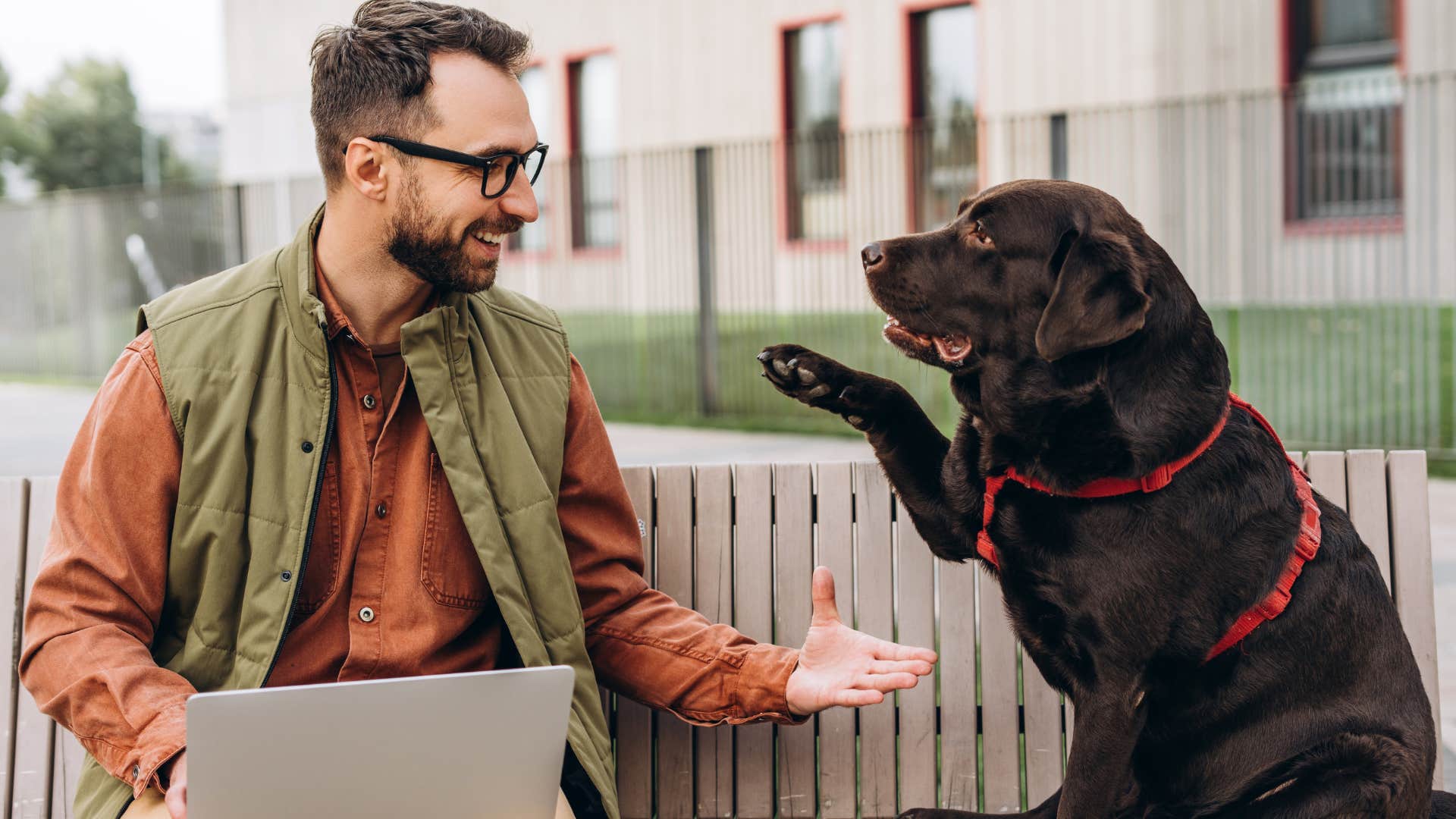 man who can be his authentic self playing with his dog