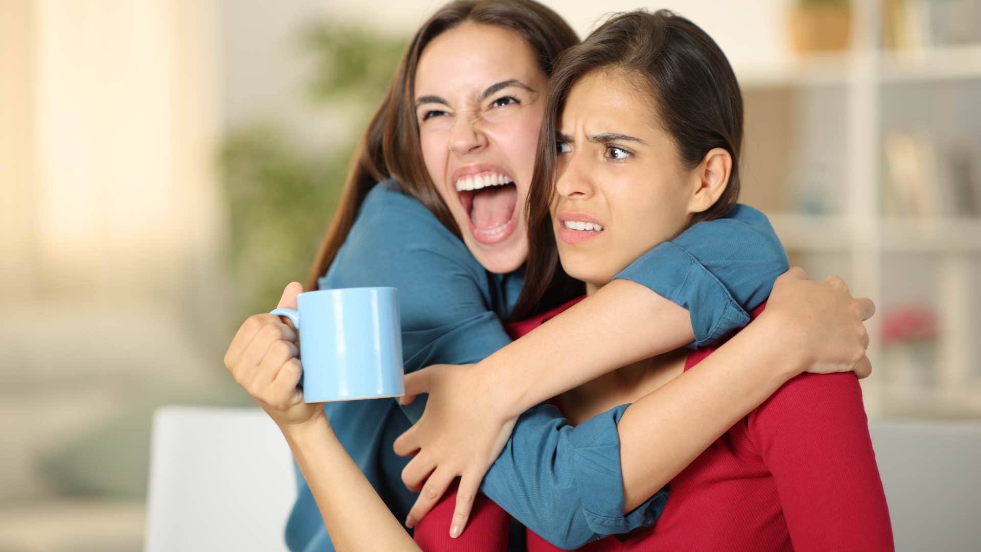 Woman ignoring social norms and hugging a friend.